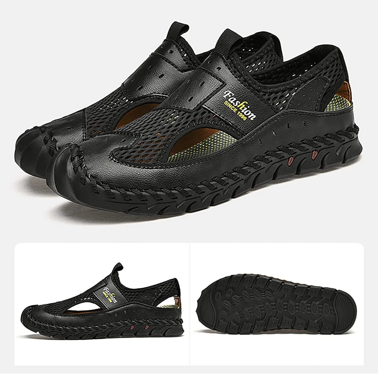 2025 Men's New Versatile Trendy Handmade Large Beach Shoes Hollow Mesh Shoes Leather Slide Sandals