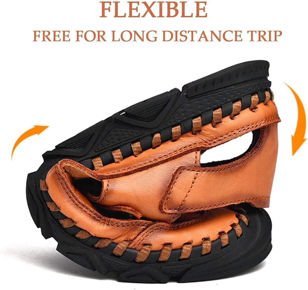 Bitiger Mens Closed Toe Leather Sandals Outdoor Adjustable Fisherman Sandals