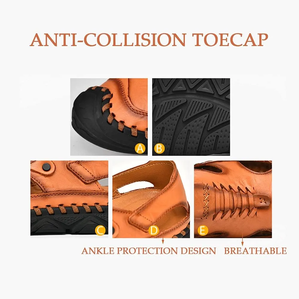 Bitiger Mens Closed Toe Leather Sandals Outdoor Adjustable Fisherman Sandals
