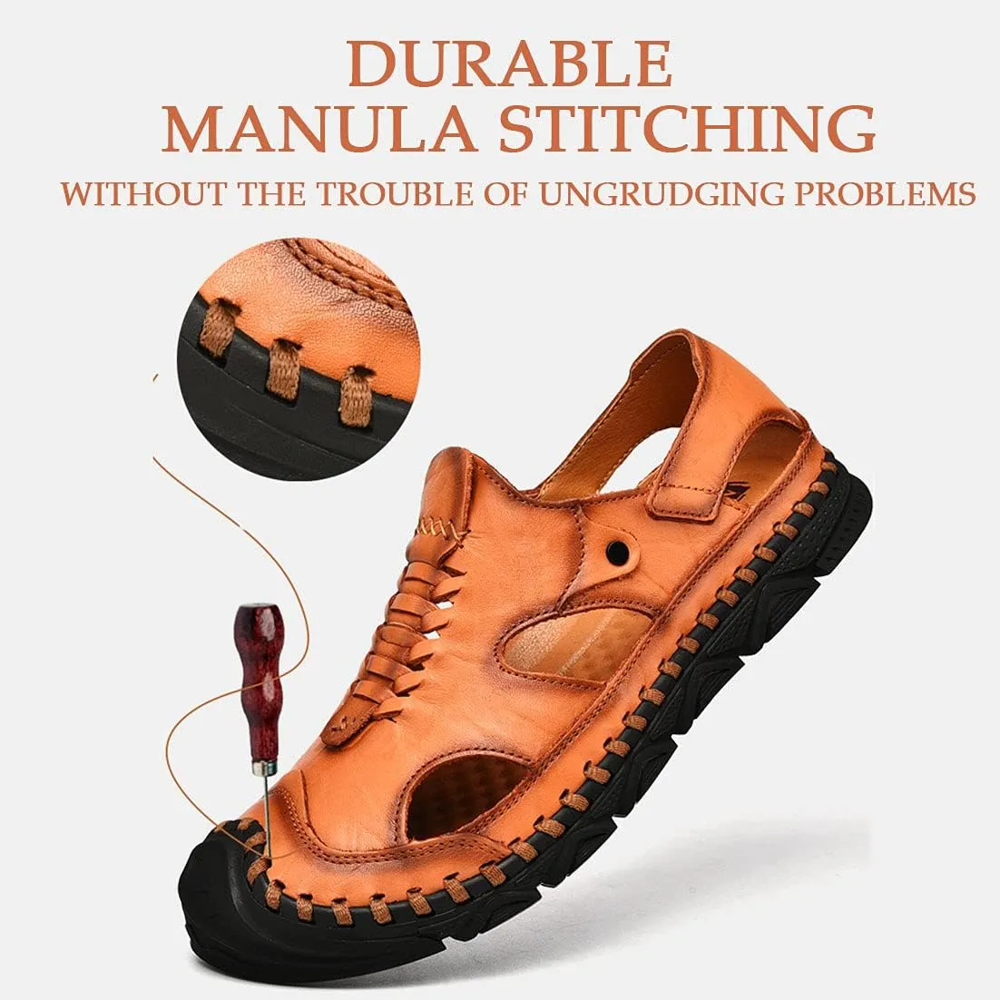 Bitiger Mens Closed Toe Leather Sandals Outdoor Adjustable Fisherman Sandals