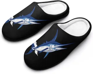 Blue Marlin Fish Men's Cotton Slippers Memory Foam Washable Shoes in Outdoor and Indoor