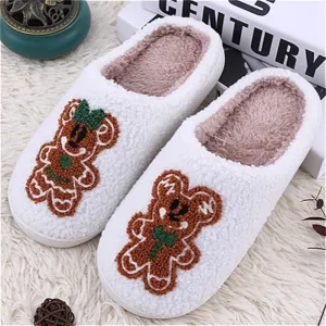 Christmas Plush Slippers for Women Cartoon Illustrated Plush Fur Slip On Warm Cozy Fuzzy Indoor Home Slipper