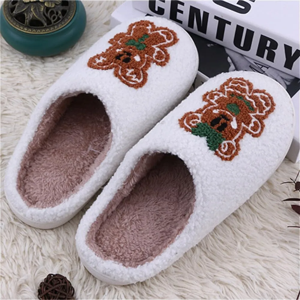 Christmas Plush Slippers for Women Cartoon Illustrated Plush Fur Slip On Warm Cozy Fuzzy Indoor Home Slipper