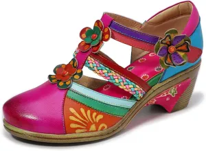 CrazycatZ Leather Mary Jane Shoes,Womens Colorful Block Heel Pumps Vintage Mary Jane Shoes Pumps