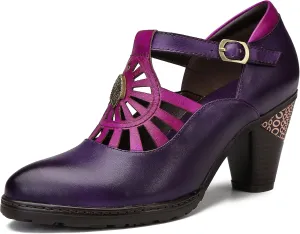 CrazycatZ Leather Mary Jane Shoes,Womens Colorful Patchword Pumps Vintage Mary Jane Shoes