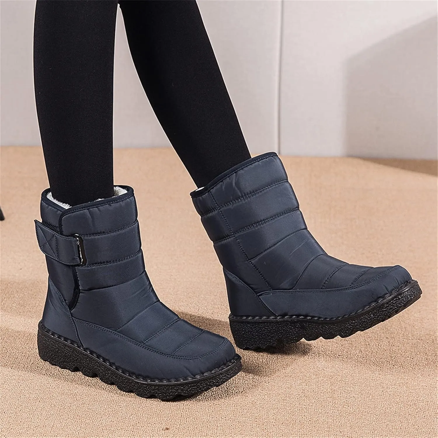 Ctreela Mid-Calf Snow Booties for Women Winter Comfort Fur Lined Waterproof Wedge Boots Non-Slip Thermal Warm Windbreak Boot