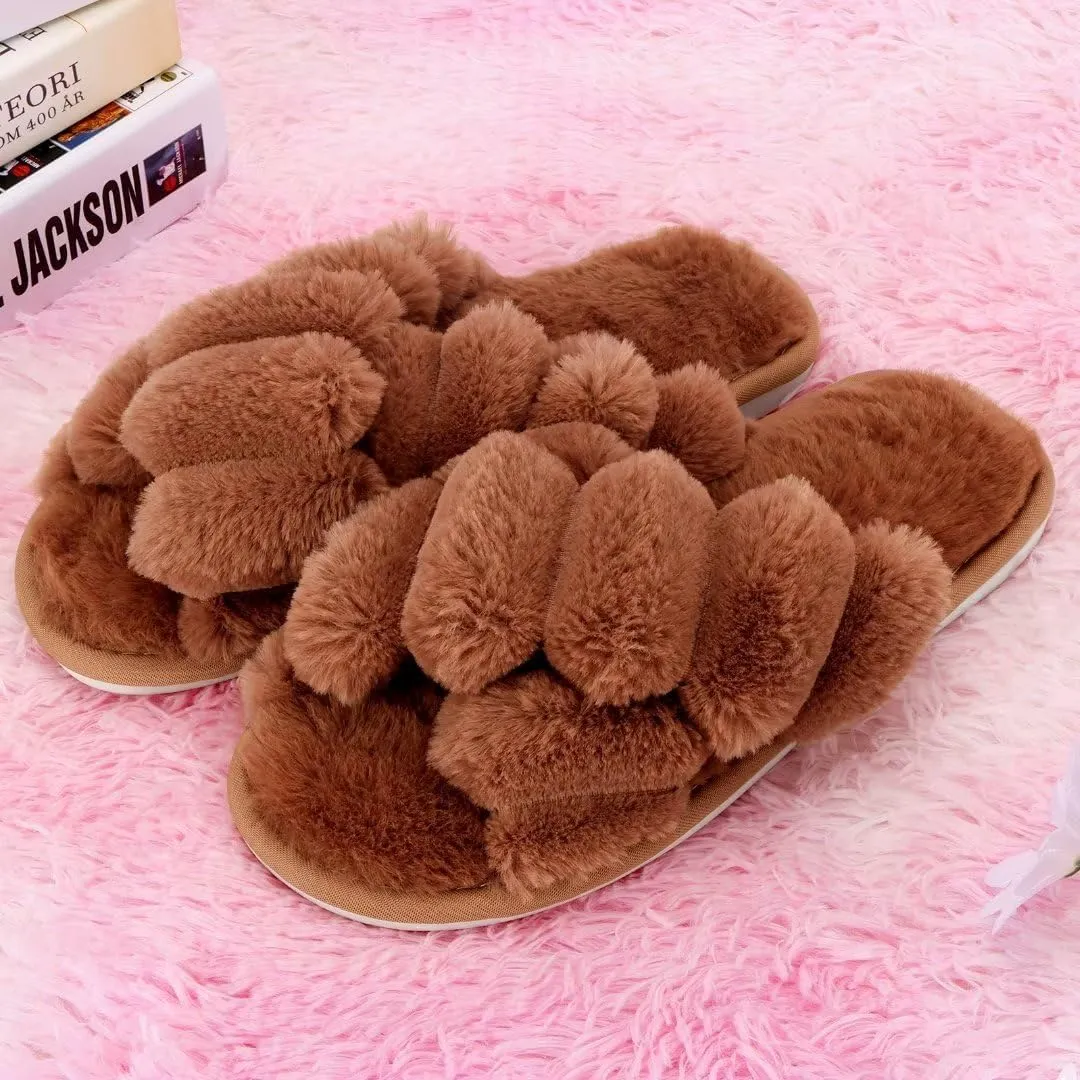 DOIOWN Women's Fuzzy Slippers Memory Foam Cute House Slippers Plush Fluffy Furry Open Toe Home Shoes Bridal Bridesmaid Gifts for Wedding