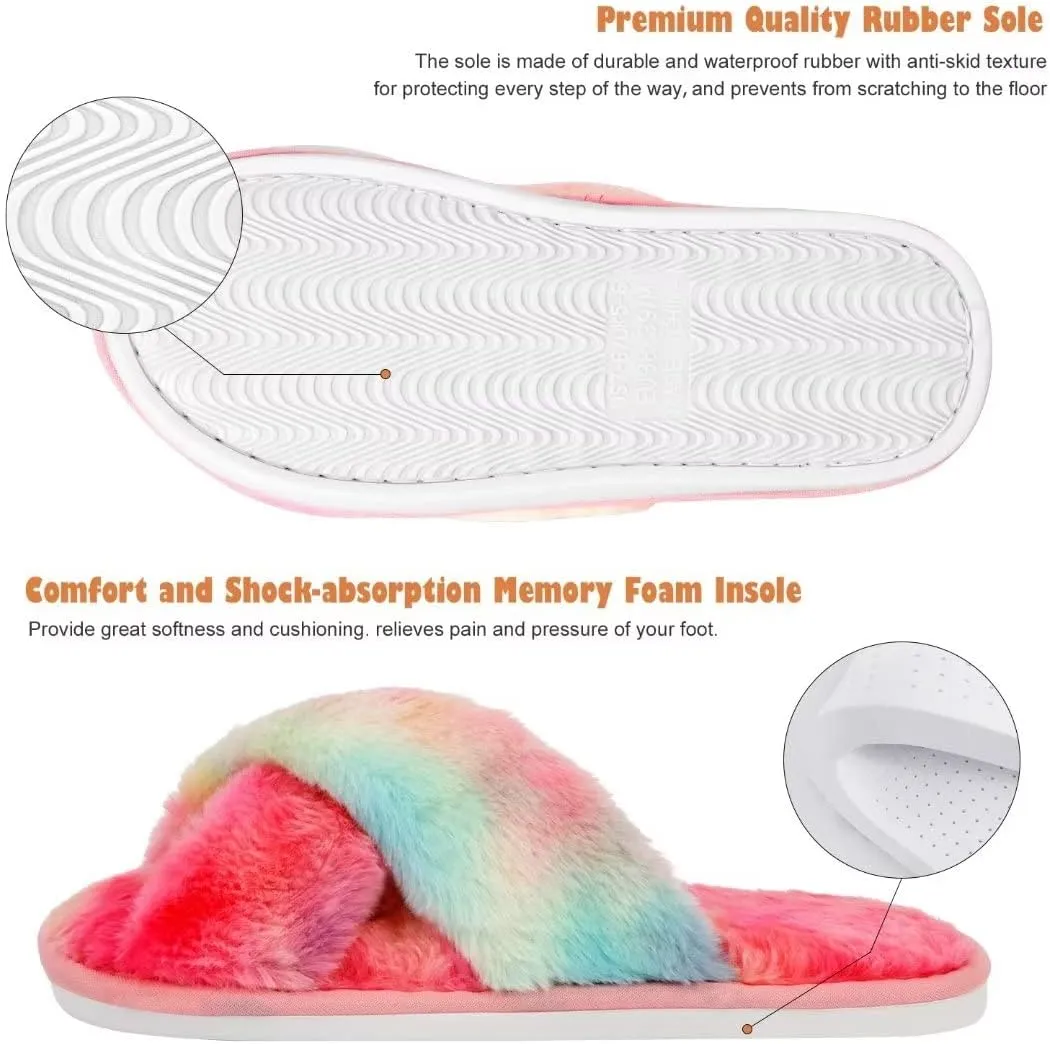 DOIOWN Women's Fuzzy Slippers Memory Foam Cute House Slippers Plush Fluffy Furry Open Toe Home Shoes Bridal Bridesmaid Gifts for Wedding