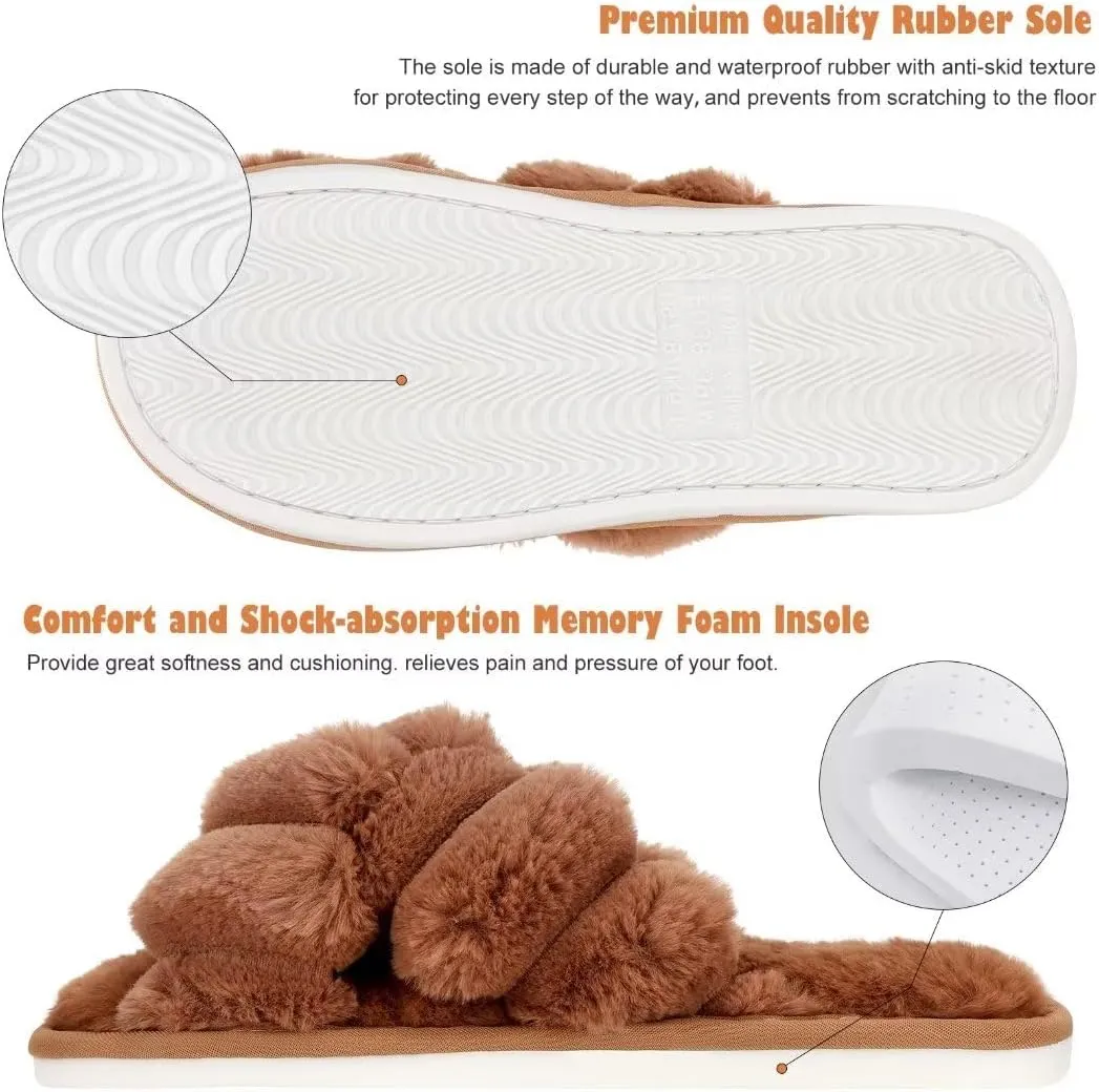 DOIOWN Women's Fuzzy Slippers Memory Foam Cute House Slippers Plush Fluffy Furry Open Toe Home Shoes Bridal Bridesmaid Gifts for Wedding