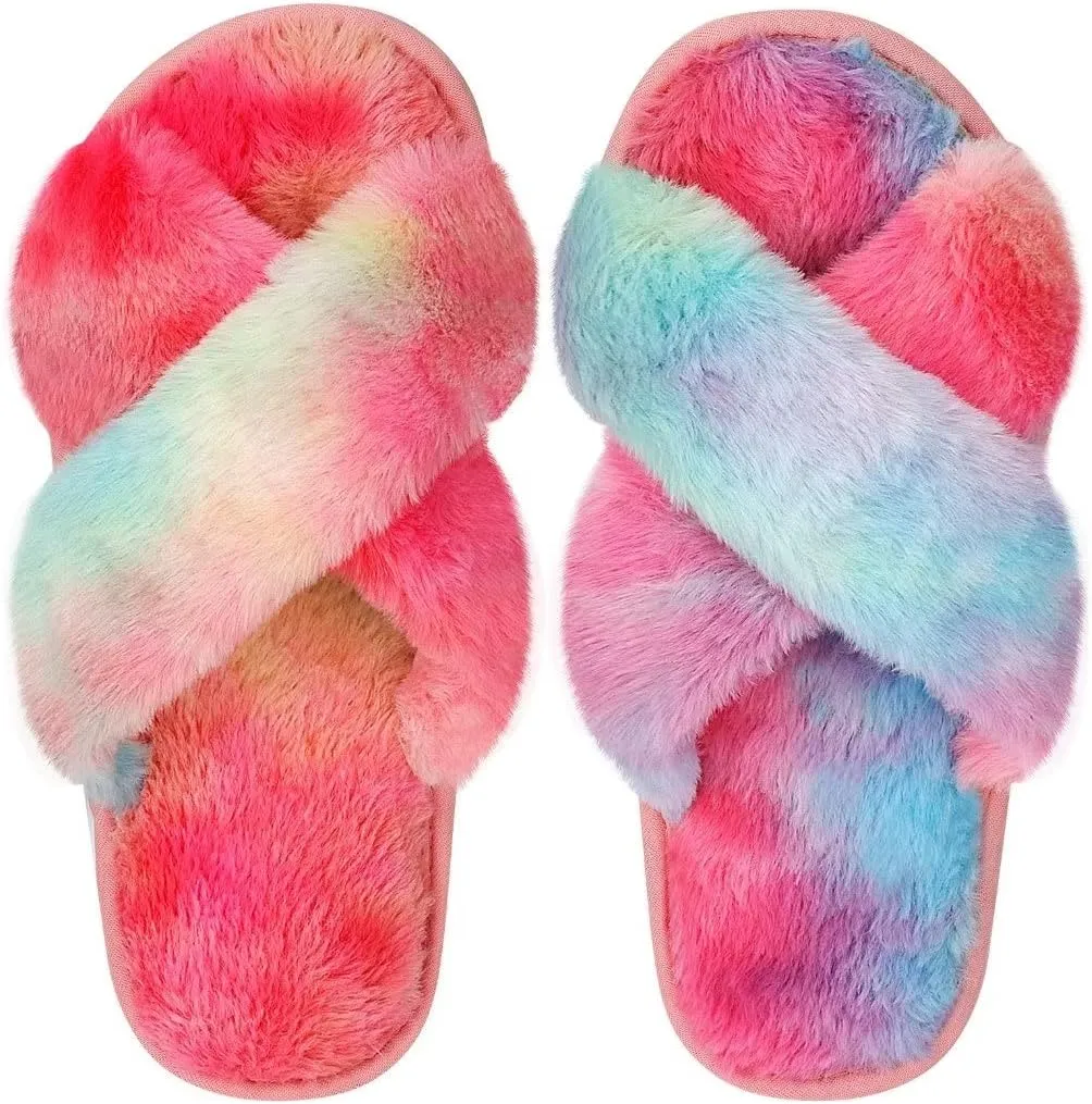 DOIOWN Women's Fuzzy Slippers Memory Foam Cute House Slippers Plush Fluffy Furry Open Toe Home Shoes Bridal Bridesmaid Gifts for Wedding