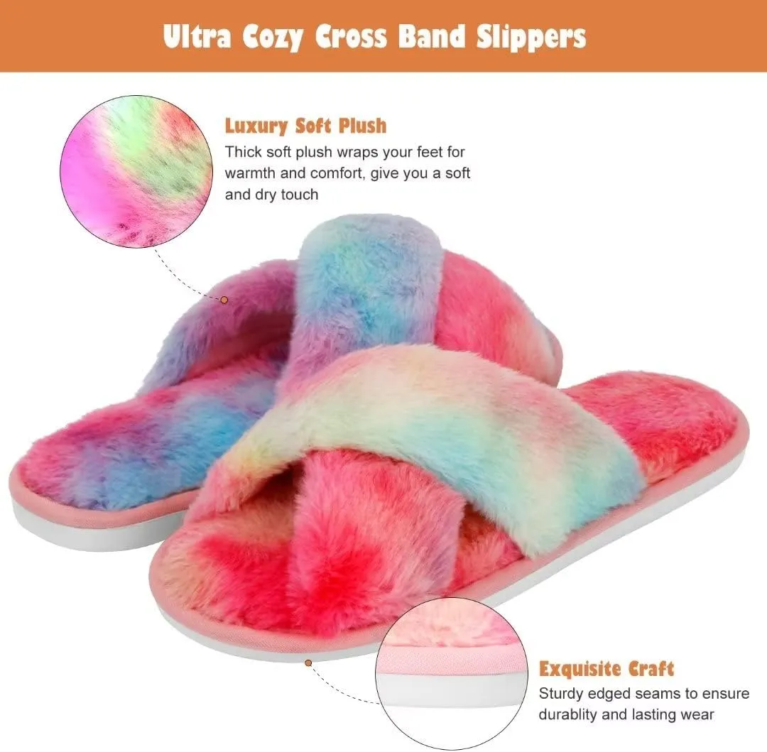 DOIOWN Women's Fuzzy Slippers Memory Foam Cute House Slippers Plush Fluffy Furry Open Toe Home Shoes Bridal Bridesmaid Gifts for Wedding