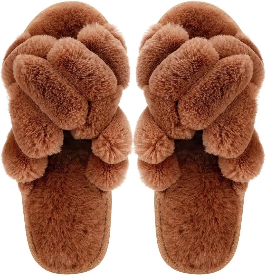 DOIOWN Women's Fuzzy Slippers Memory Foam Cute House Slippers Plush Fluffy Furry Open Toe Home Shoes Bridal Bridesmaid Gifts for Wedding