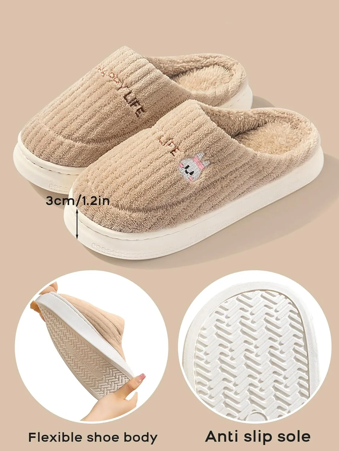 Eforcase Women Cute Slipper Fall Winter Cozy Slippers Indoor Outdoor Fuzzy House Shoes Slip-On Comfy Winter Warm Shoes