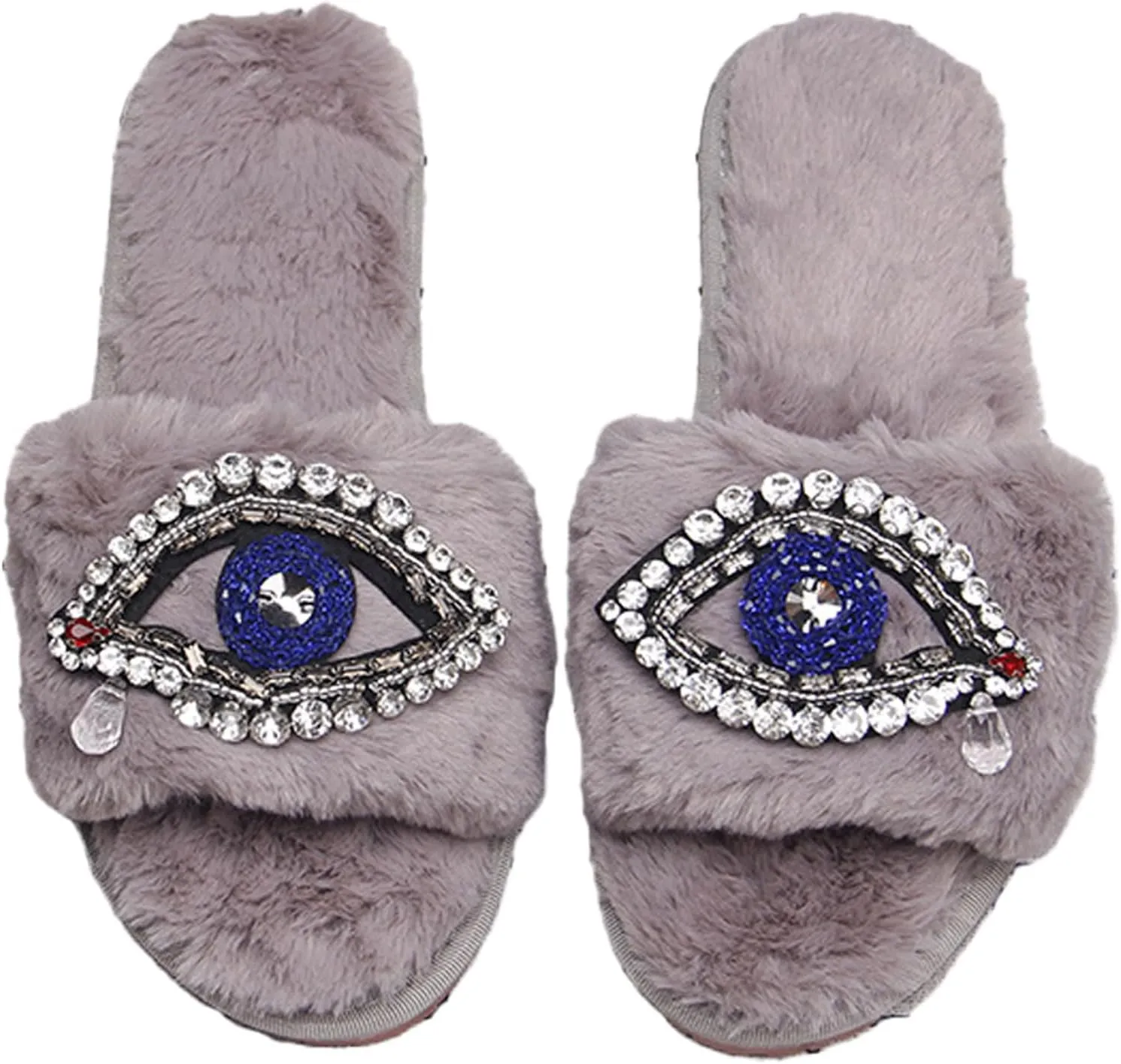 Evil Eyes Slippers Women Plush Flat Slippers Tears on Slides Fashion Fuzzy Plush Slides Flip Flop Indoor Bedroom Shoes