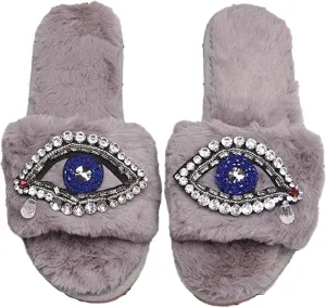 Evil Eyes Slippers Women Plush Flat Slippers Tears on Slides Fashion Fuzzy Plush Slides Flip Flop Indoor Bedroom Shoes