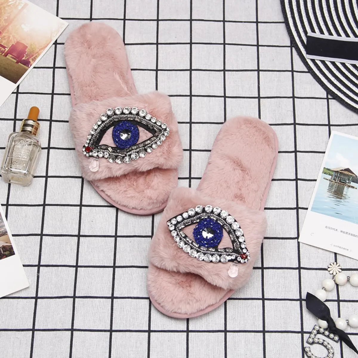 Evil Eyes Slippers Women Plush Flat Slippers Tears on Slides Fashion Fuzzy Plush Slides Flip Flop Indoor Bedroom Shoes