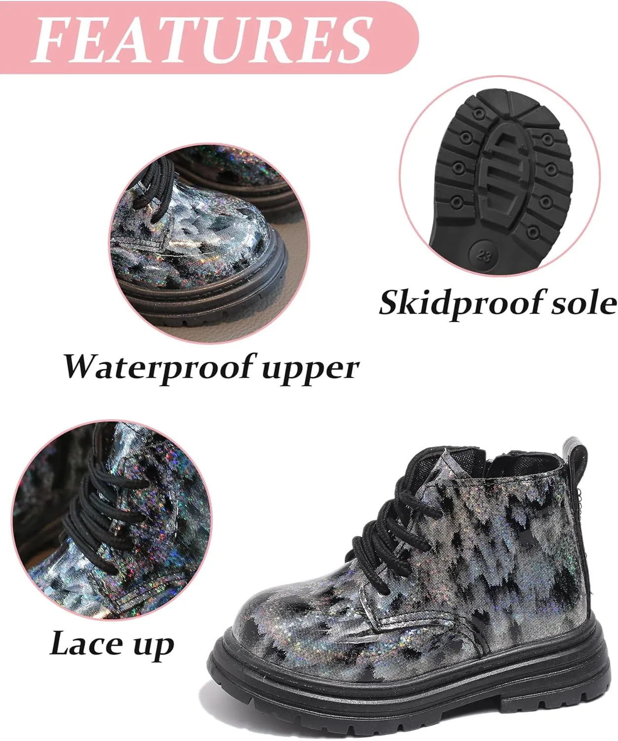 Girls Boys Ankle Boots Waterproof Lace up Patent Boot with Side Zipper Non Slip Platform Leather Booties