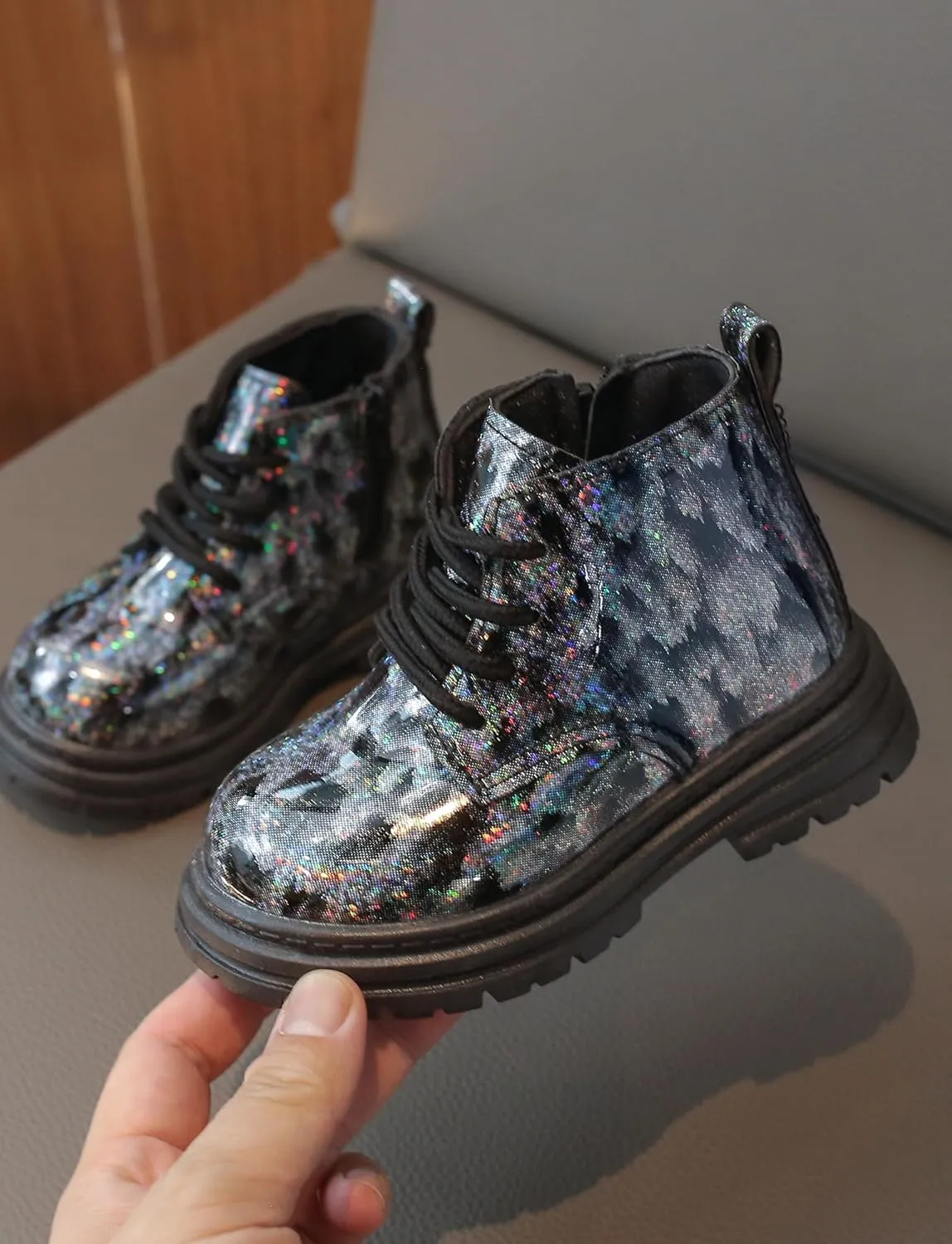 Girls Boys Ankle Boots Waterproof Lace up Patent Boot with Side Zipper Non Slip Platform Leather Booties