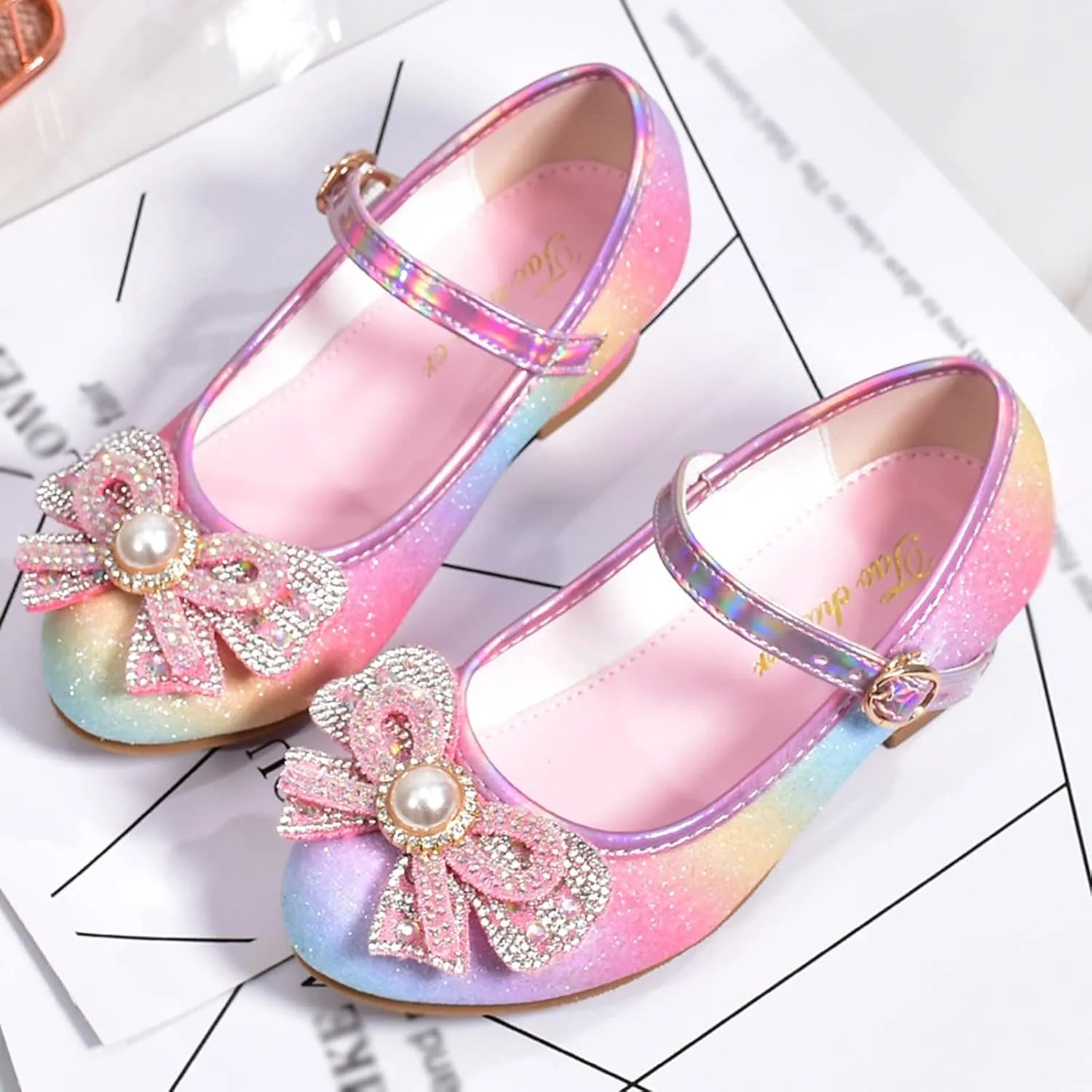 Girls Diamond Shiny Sandals Kids Colorful Rainbow Bow Shoes Ankle Strap Flat Dress Footwear with Colorful Bowknot