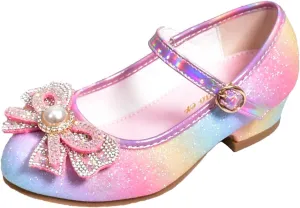 Girls Diamond Shiny Sandals Kids Colorful Rainbow Bow Shoes Ankle Strap Flat Dress Footwear with Colorful Bowknot