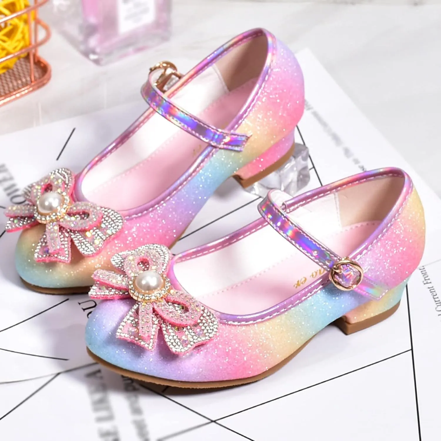 Girls Diamond Shiny Sandals Kids Colorful Rainbow Bow Shoes Ankle Strap Flat Dress Footwear with Colorful Bowknot