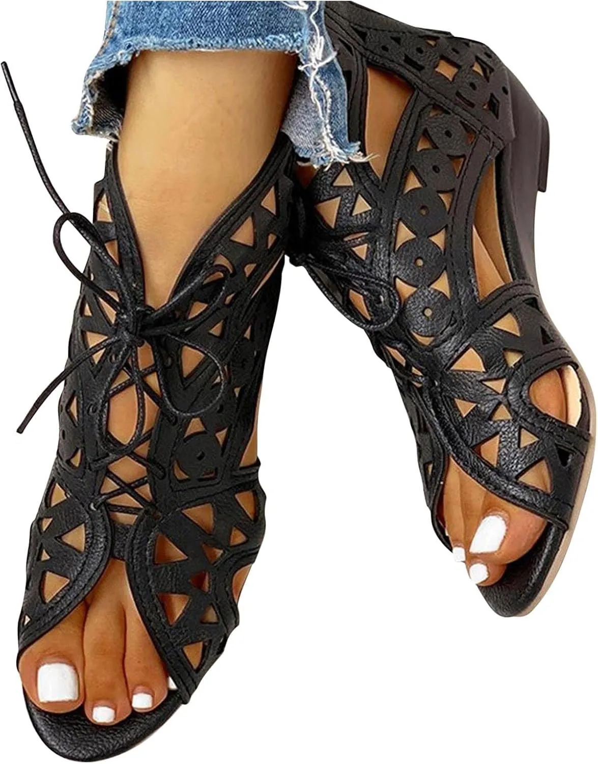 Hollow Out Sandals for Women Summer Casual Cross Lace up Open Toe Back Zipper Flat Sandals Lightweight Gladiator Shoes