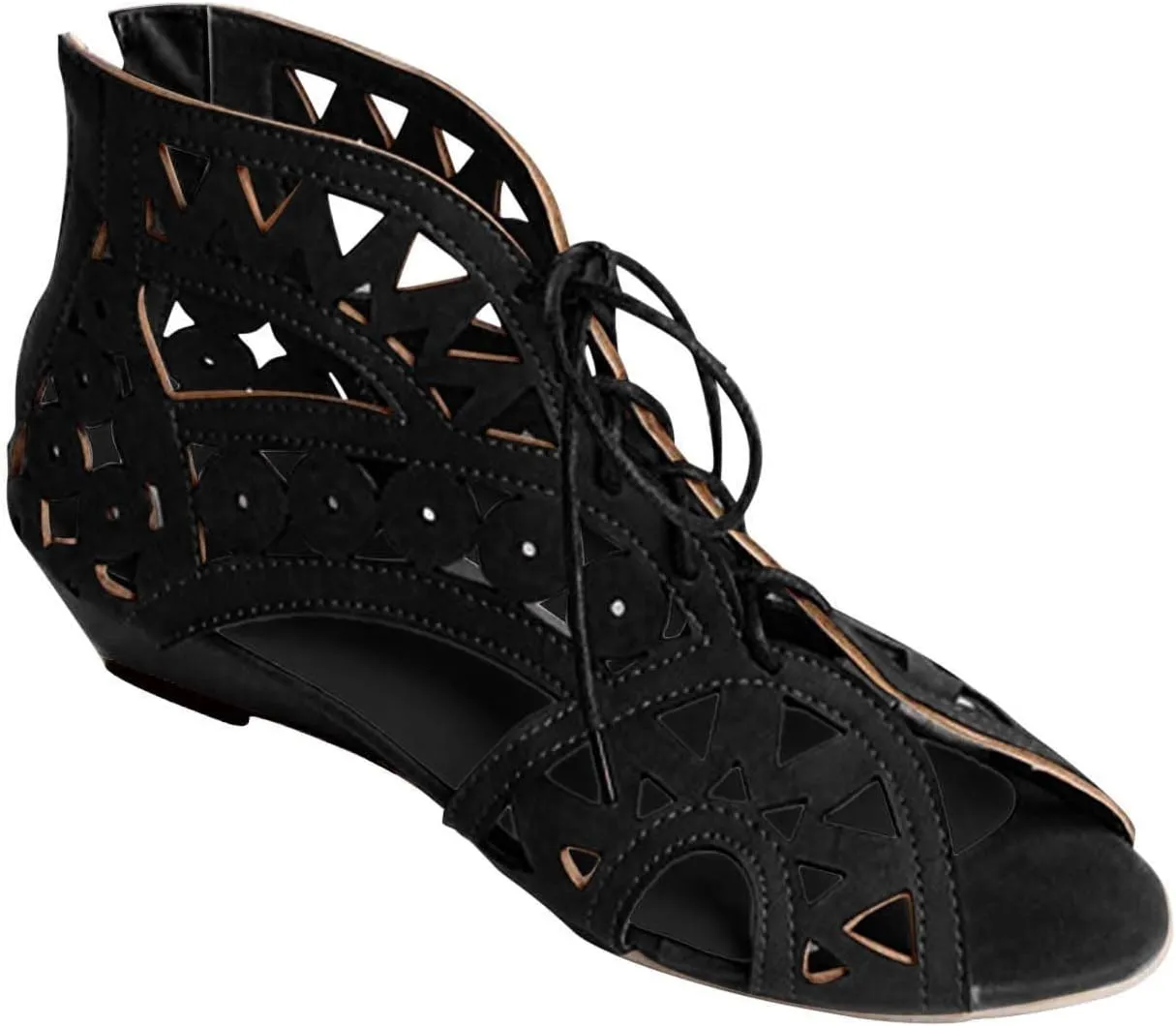 Hollow Out Sandals for Women Summer Casual Cross Lace up Open Toe Back Zipper Flat Sandals Lightweight Gladiator Shoes
