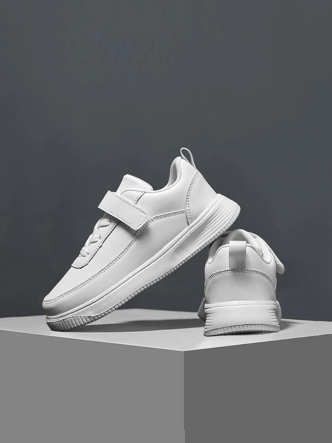 Kids Sneakers, Boys and Girls Board Shoes, Adjustable Hook and Loop, Comfortable, Anti-Collision, Non-Slip, White