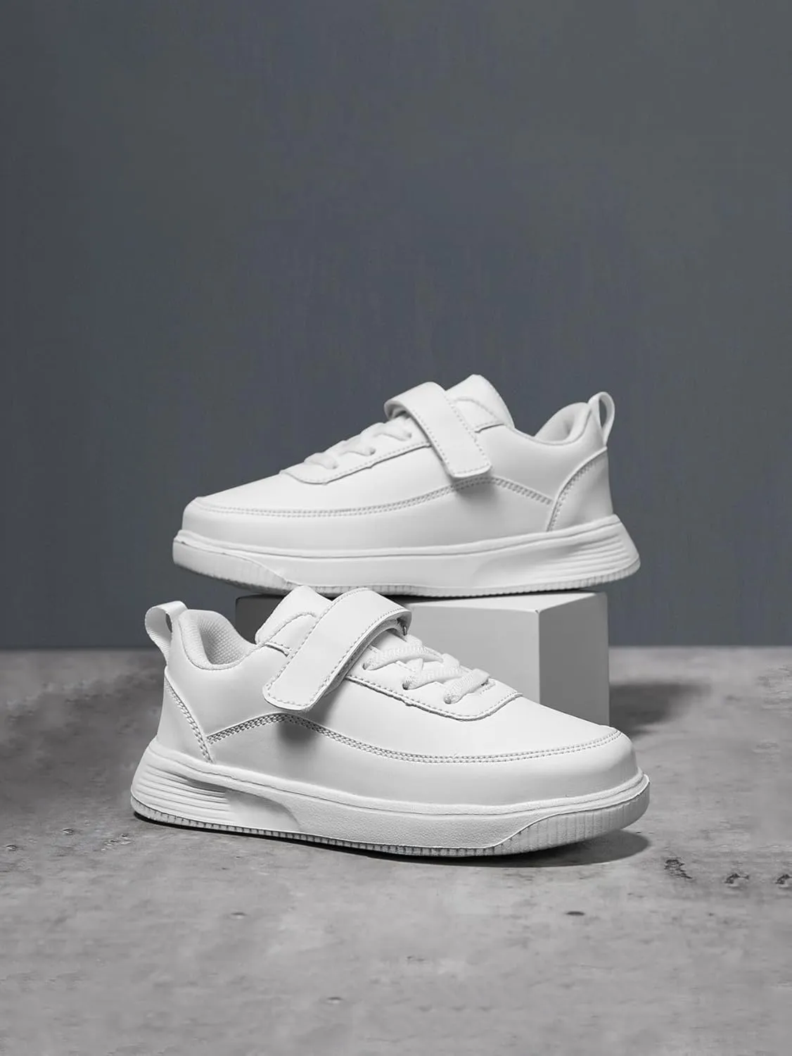 Kids Sneakers, Boys and Girls Board Shoes, Adjustable Hook and Loop, Comfortable, Anti-Collision, Non-Slip, White