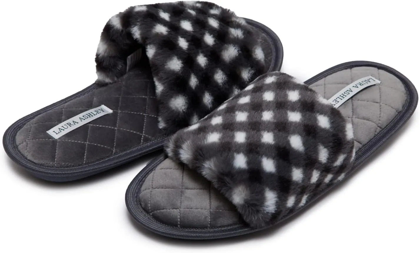 Laura Ashley Open Toe Fluffy Band Slippers for Women with Non-Skid Rugged Sole, Plush Terry Slippers for Ladies