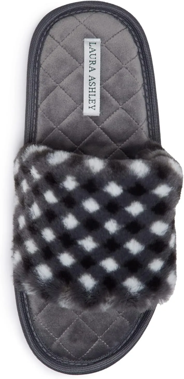 Laura Ashley Open Toe Fluffy Band Slippers for Women with Non-Skid Rugged Sole, Plush Terry Slippers for Ladies