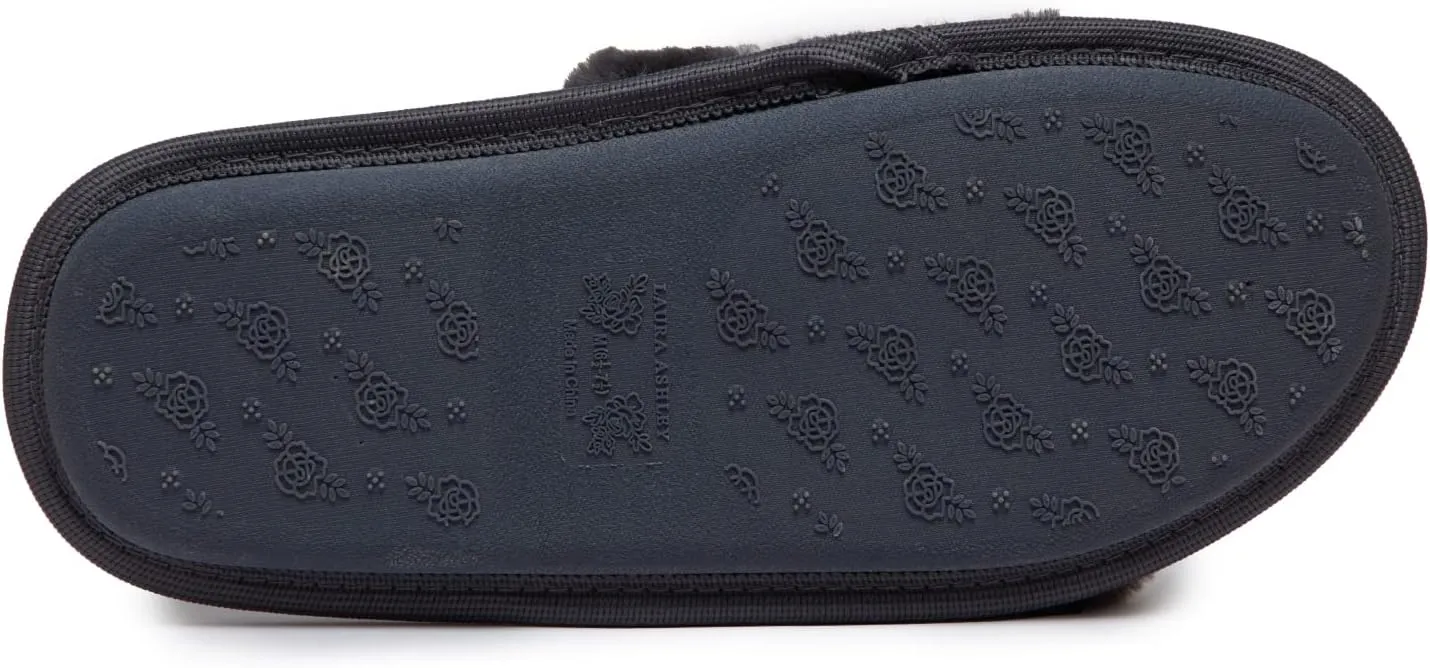 Laura Ashley Open Toe Fluffy Band Slippers for Women with Non-Skid Rugged Sole, Plush Terry Slippers for Ladies