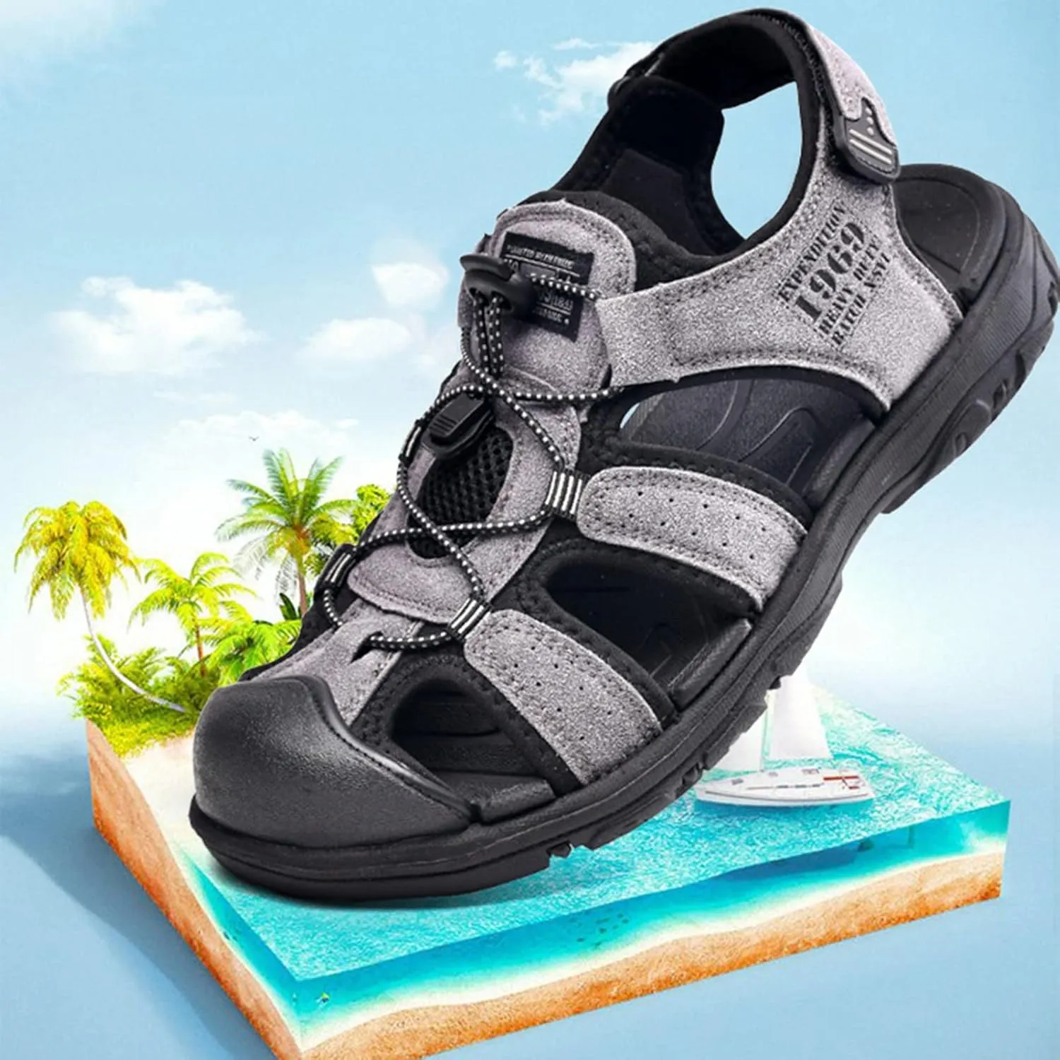 Men Sandals Fashion Closed Toe Flat Men Wading Sports Shoes Leather Sandals