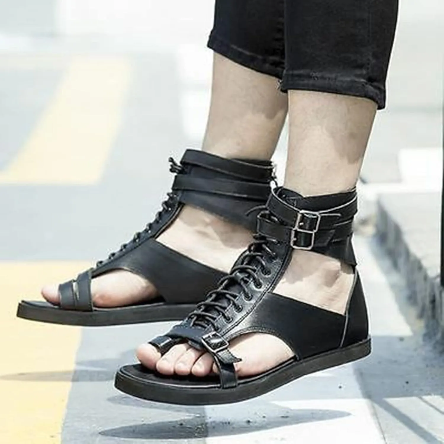 Men Sandals High Top Leather Sandals Toe Shoes Fashion Shoes Mens Closed Toe Sandal