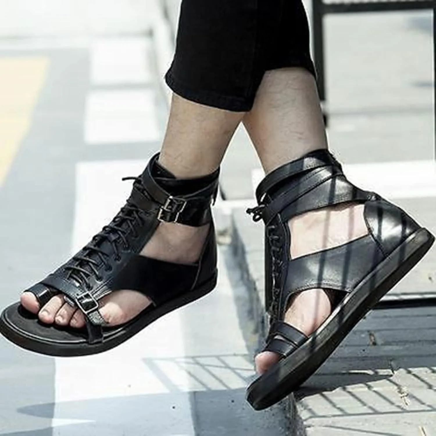 Men Sandals High Top Leather Sandals Toe Shoes Fashion Shoes Mens Closed Toe Sandal