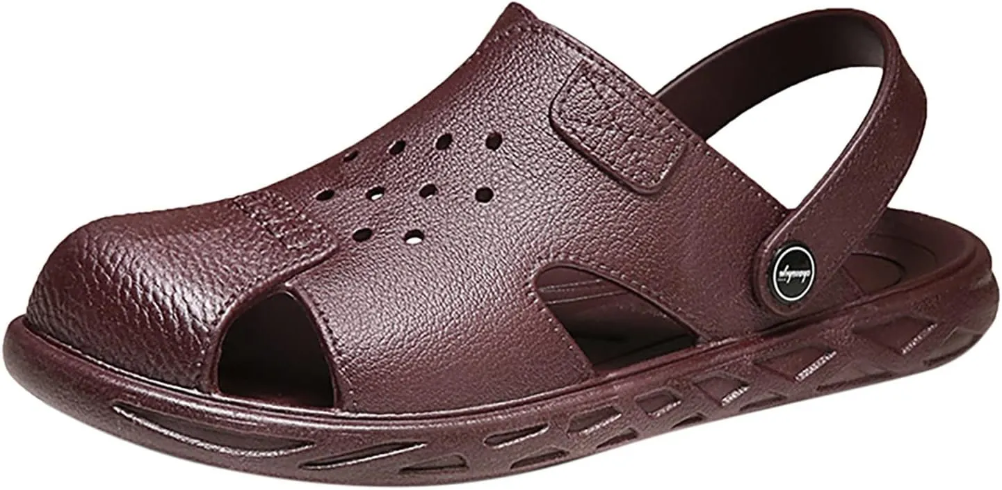 Men Summer Casual Leather Sandals Adjustable Closed Toe Summer Comfortable Wter Friendly Beach Shoes