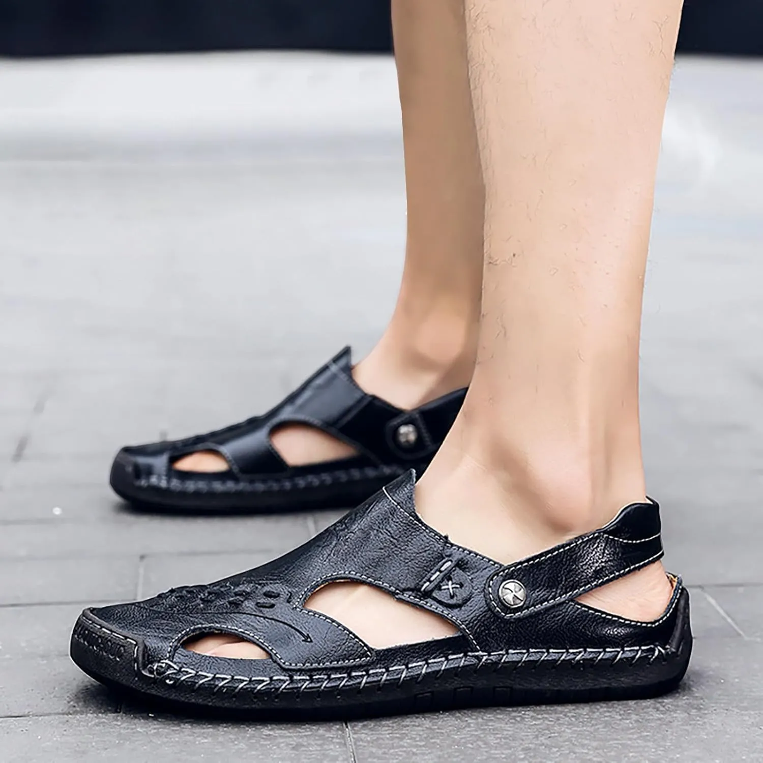 Men's Leather Sandals Adjustable Summer Fisherman Beach Shoes Comfortable Casual Closed Toe Walking Sandal