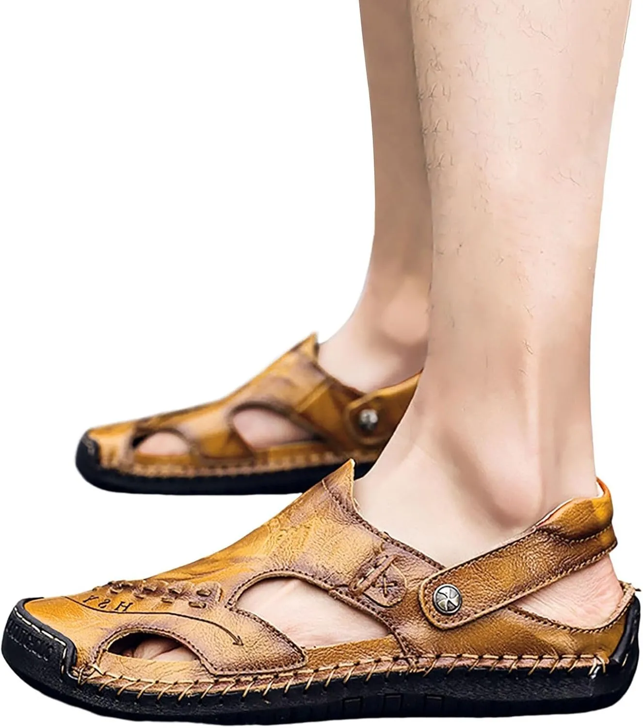 Men's Leather Sandals Adjustable Summer Fisherman Beach Shoes Comfortable Casual Closed Toe Walking Sandal