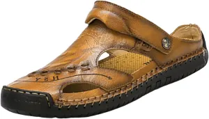 Men's Leather Sandals Adjustable Summer Fisherman Beach Shoes Comfortable Casual Closed Toe Walking Sandal