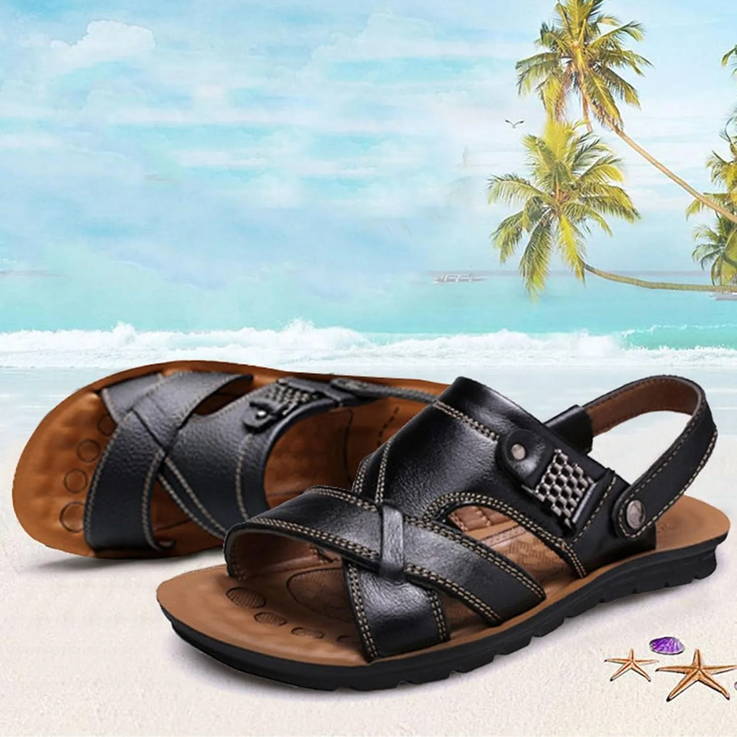 Men's Leather Sandals With Soft Sole And Adjustable Leather Strap Open Toe Fisheman Sandals