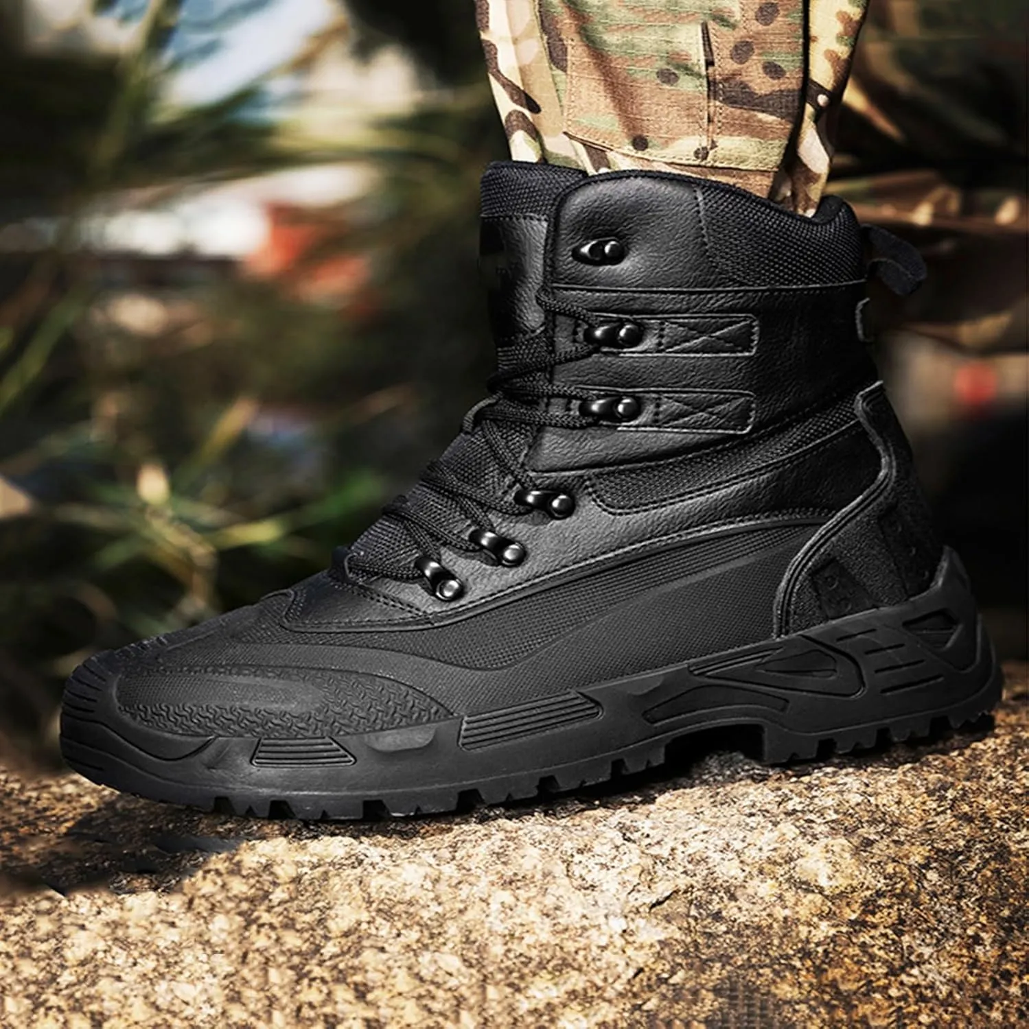 Men's Tactical Boots, Leather Insulated Mens Snow Boots, Lightweight Casual Waterproof Slip Resistance Work Boots
