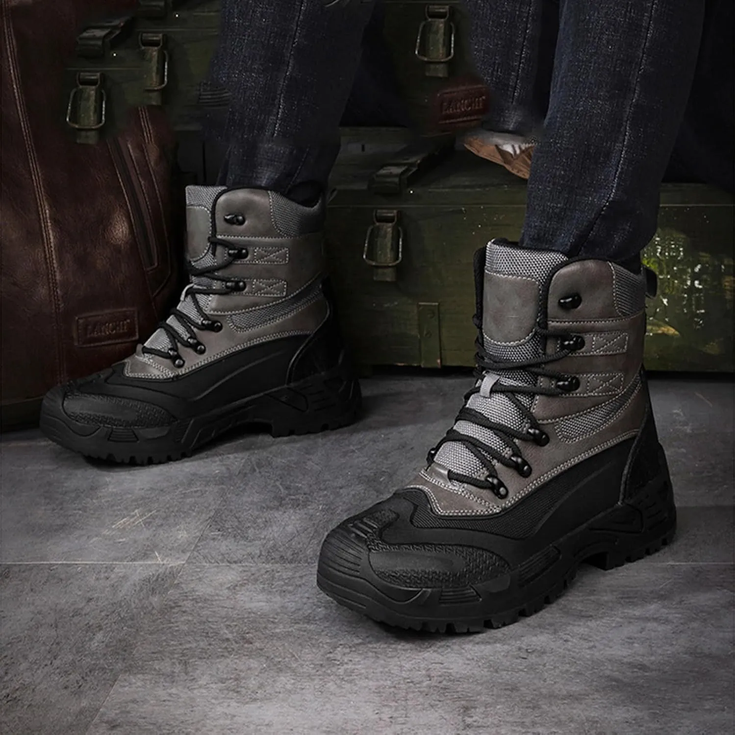 Men's Tactical Boots, Leather Insulated Mens Snow Boots, Lightweight Casual Waterproof Slip Resistance Work Boots