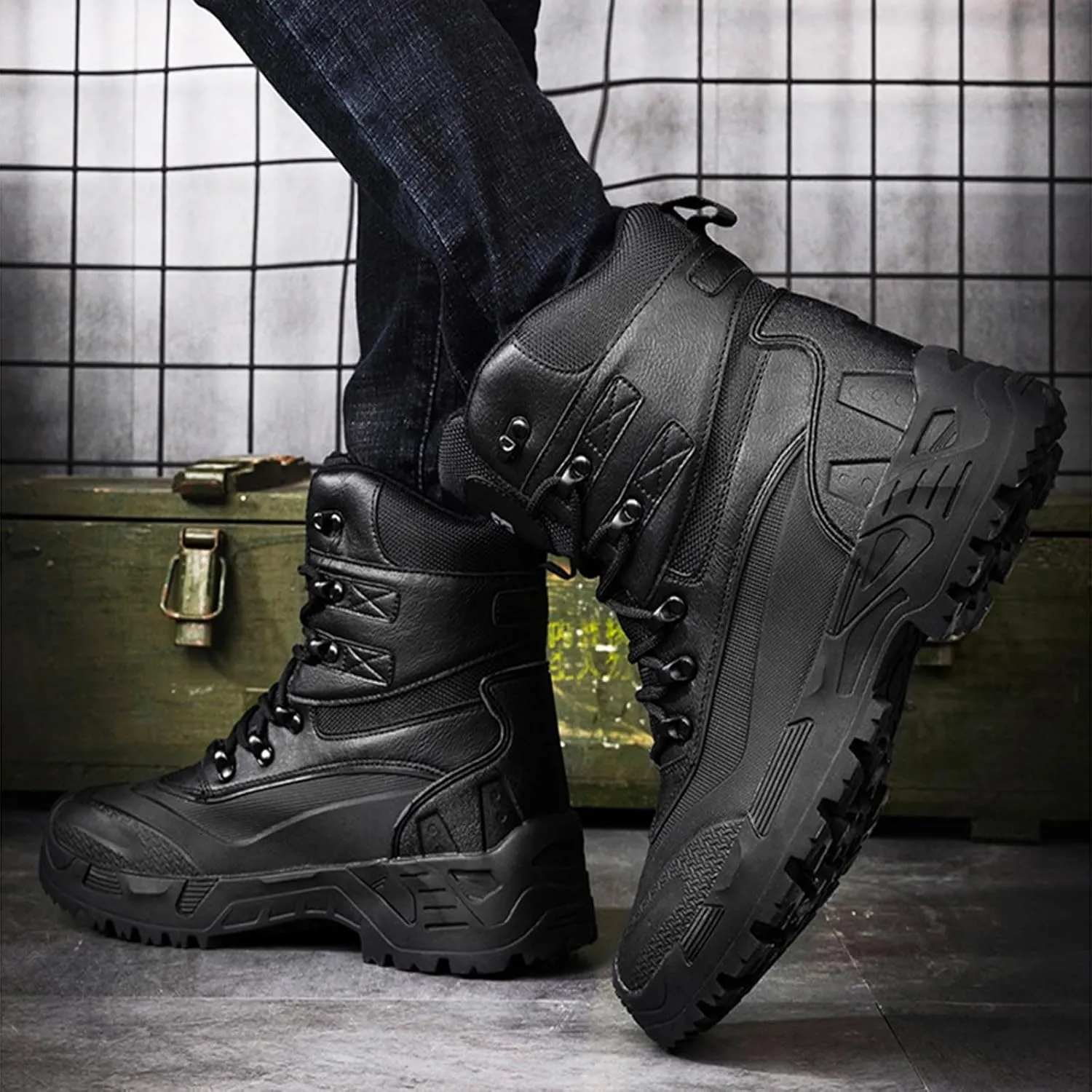 Men's Tactical Boots, Leather Insulated Mens Snow Boots, Lightweight Casual Waterproof Slip Resistance Work Boots