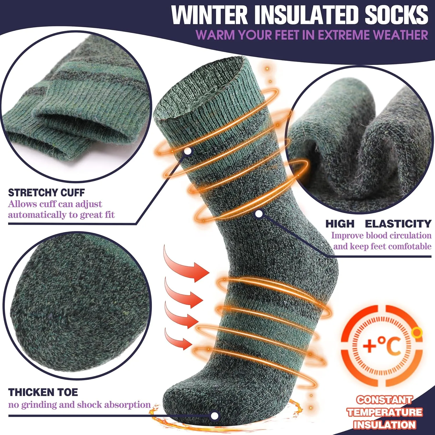 MOGGEI 3 Pairs Thermal Warm Socks for Men & Women Thick Winter Extra Warm Insulated Boot Ski Socks for Cold Weather