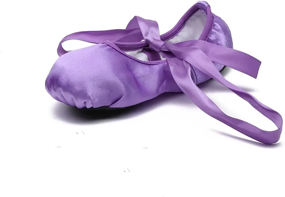 MSMAX Women's Ballet Dance Shoes Split Sole Satin Gymnastic Flats with Ribbon