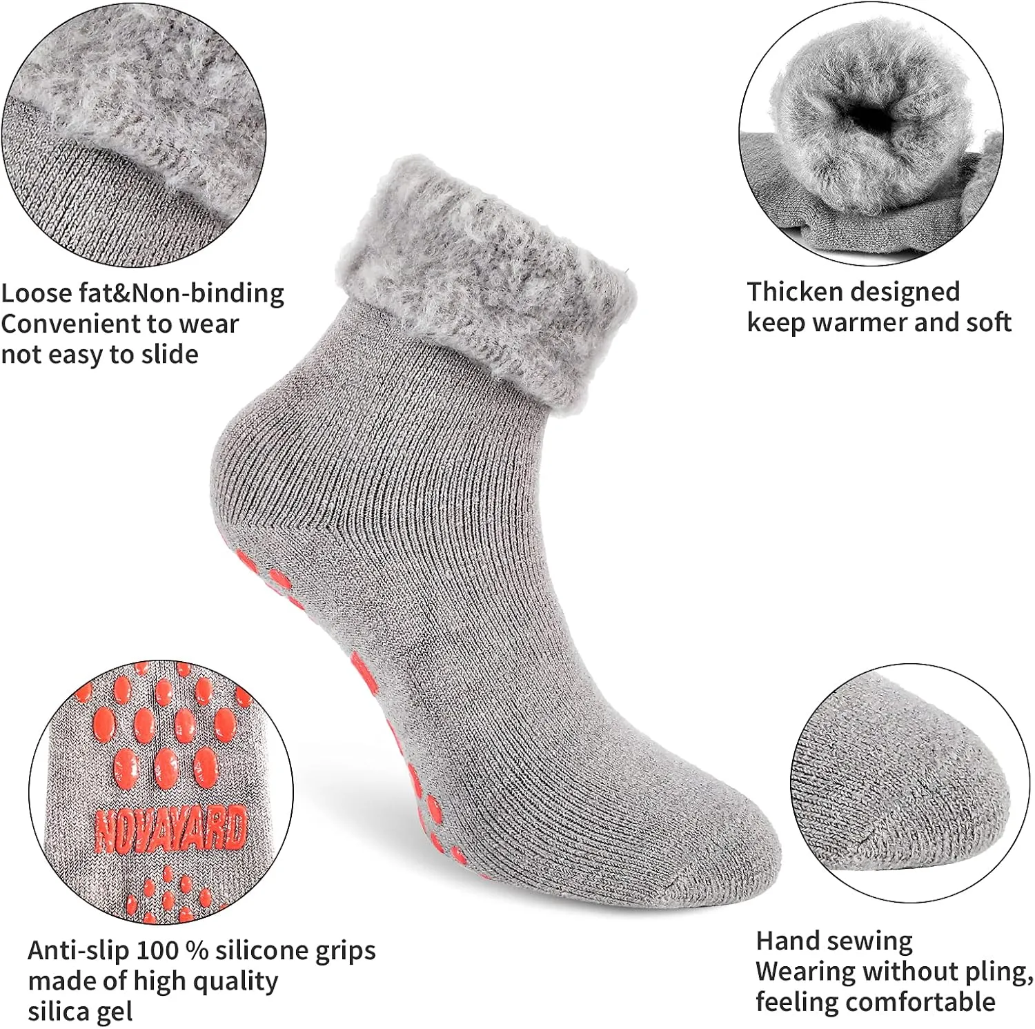 NOVAYARD Non Slip Grippy Sock Warm Fuzzy Winter Thermal hospital Slipper Socks for Women Men 3 Pairs