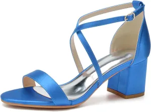 Open Toe Satin Block Heels Wedding Shoes for Bride Low Heels Criss Cross Straps Bridal Shoes Ankle Strap Prom Party Dress Shoes for Women
