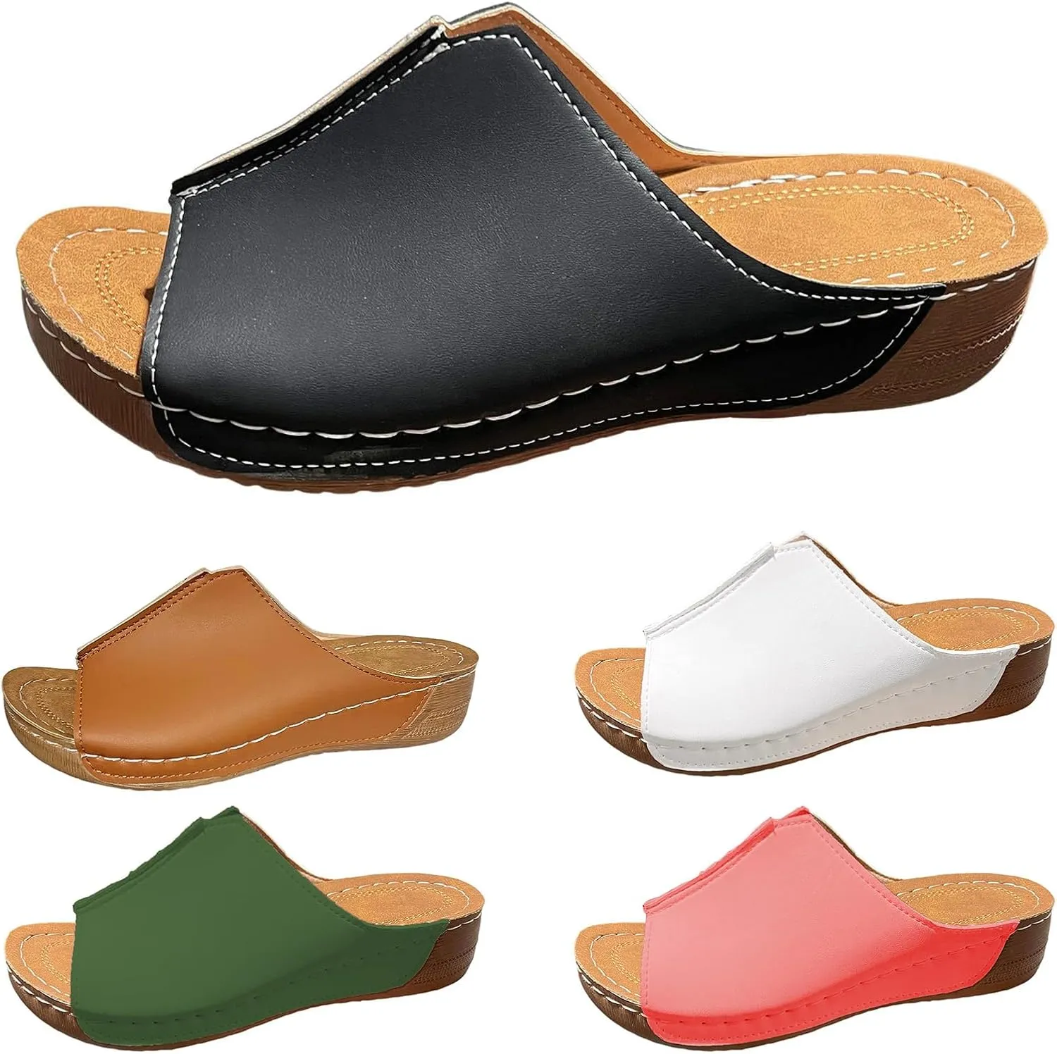 Orthopedic Sandals for Women Damping Sole Upgradation Stretch Lightweight Sandals Arch Support Flat Slip on Wide Width Leather Platform Wedge Slides Diabetic Walking Summer Shoes