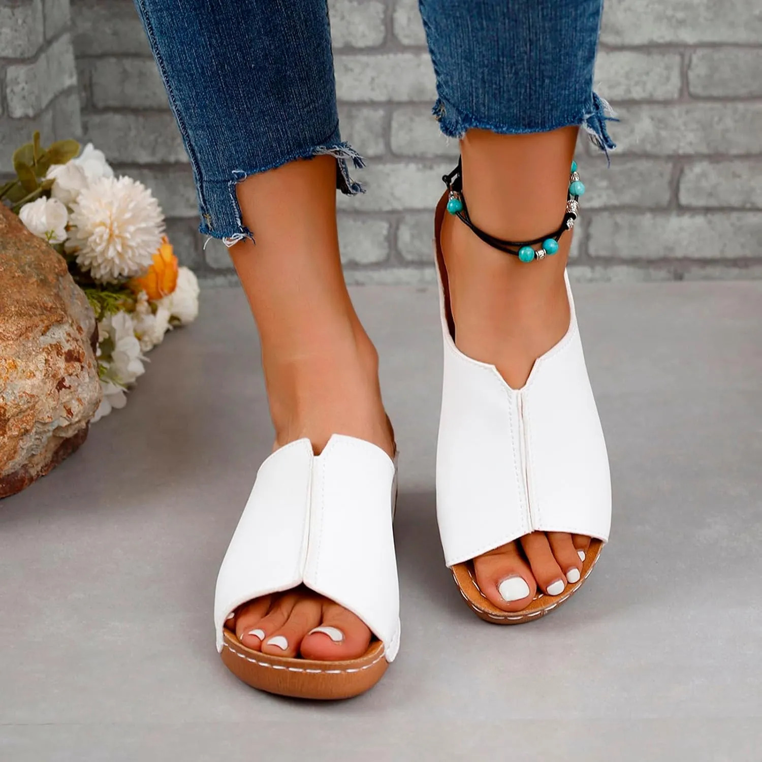 Orthopedic Sandals for Women Damping Sole Upgradation Stretch Lightweight Sandals Arch Support Flat Slip on Wide Width Leather Platform Wedge Slides Diabetic Walking Summer Shoes