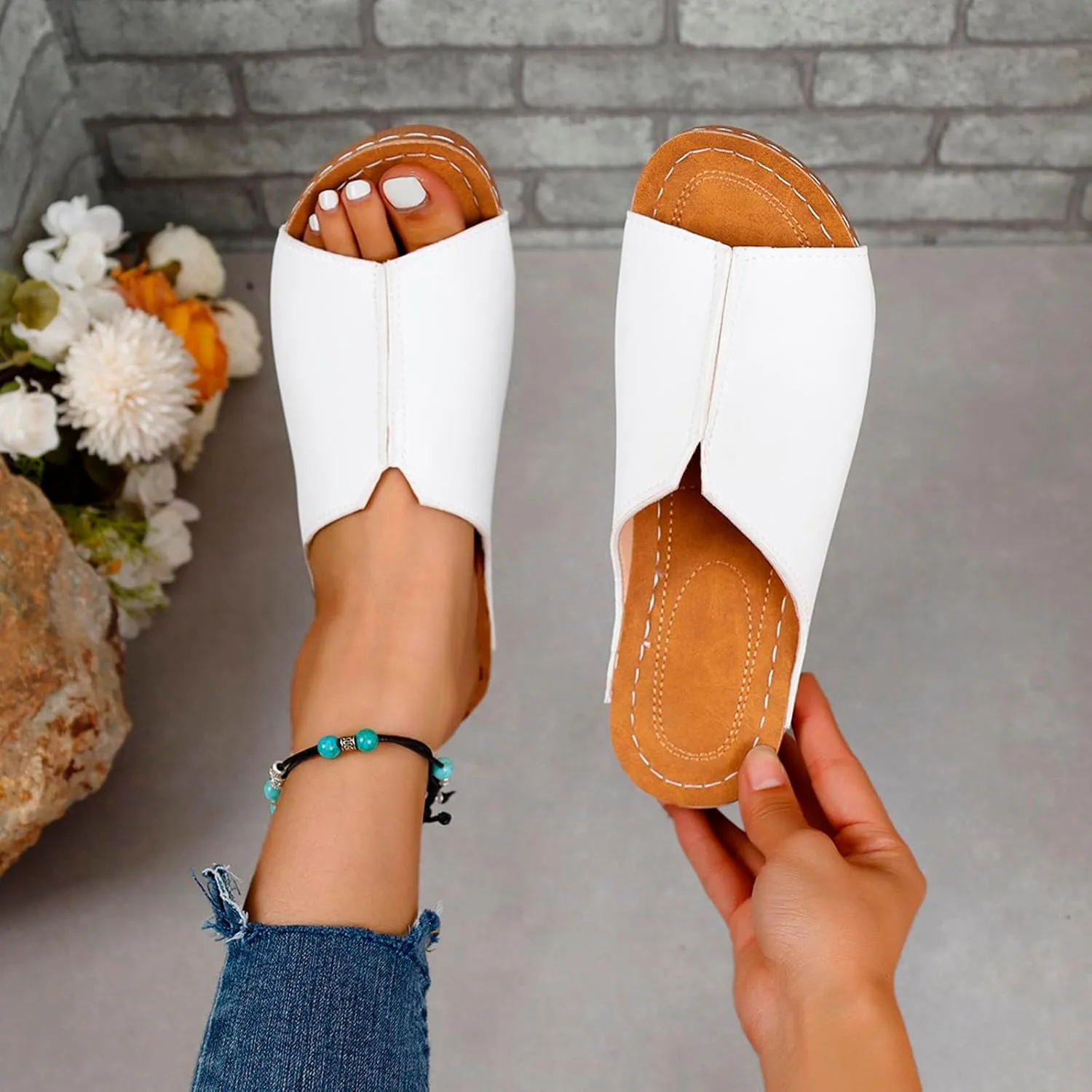 Orthopedic Sandals for Women Damping Sole Upgradation Stretch Lightweight Sandals Arch Support Flat Slip on Wide Width Leather Platform Wedge Slides Diabetic Walking Summer Shoes